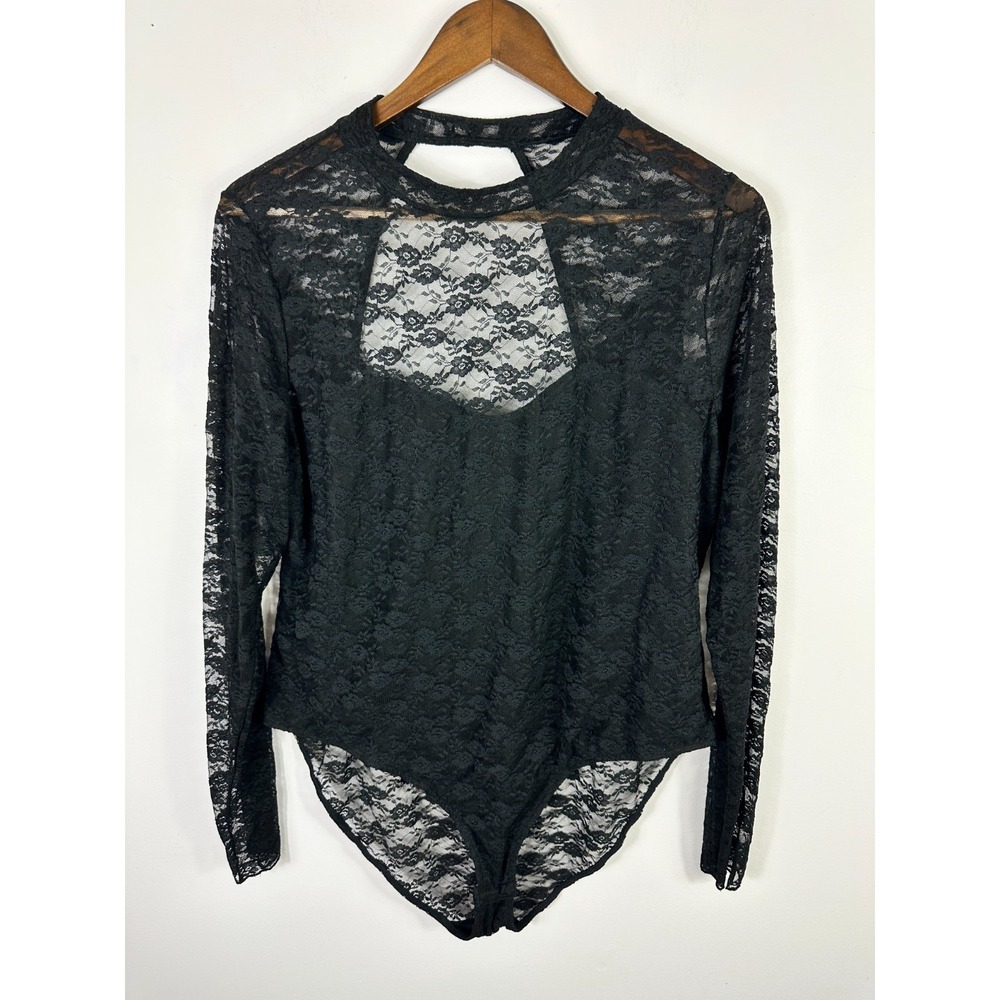 H&M Bodysuit Women XL Black Floral Lace Mock Neck Dark Romantic Whimsigoth‎ Goth